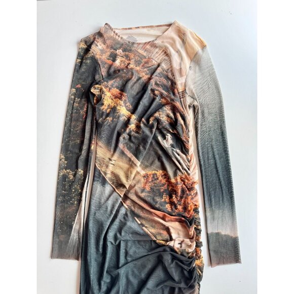 ZARA Grey Orange Landscape Print Mesh Long Sleeve Ruched Maxi Dress, Size M - Picture 5 of 16